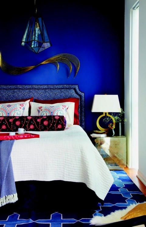 Feminine Bedroom With Gloss Blue Painted Wall
