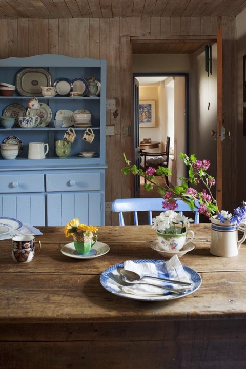 Cottage Country Kitchen With Blue Dresser & Wooden Table