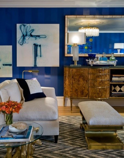Gloss & Matt Blue Painted Walls With White Sofa