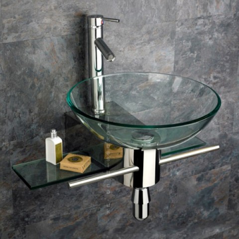 Padova Clear Glass Circular Wall Mounted Wash Basin With Mount Set