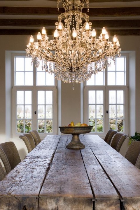 Lighting Tips From The Experts - Chandelier In Dinning Room With Rustic Table 