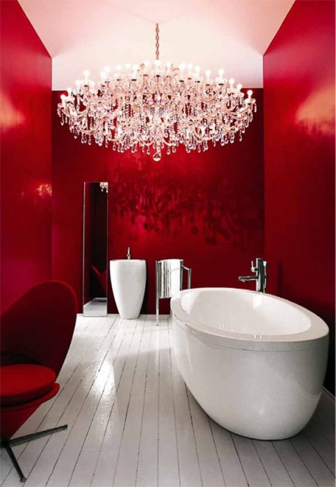 White Bathroom Suit with Chandelier, Red Walls & Chair