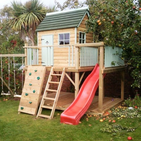 10 Fun Garden Toys - Play House With Climbing Wall, Slide & Swings.