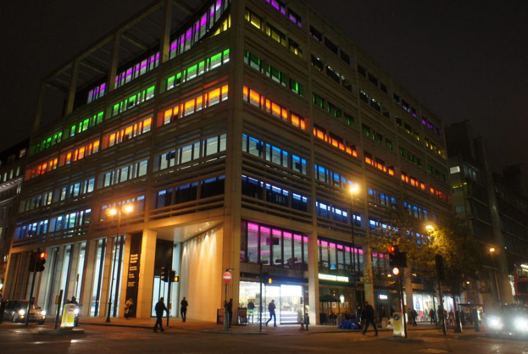 Bloomberg lit up neon - Photo by James Mitchell