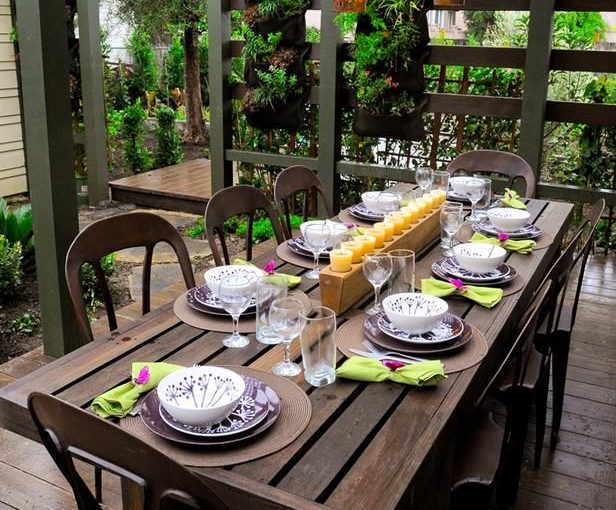 Wooden outdoor dining table area