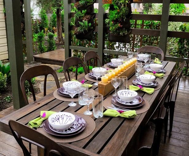 Wooden outdoor dining table area