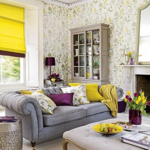 Bright yellow and purple, with muted greys and floral in the background