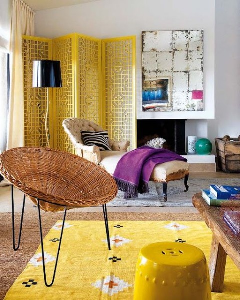 Shabby chic living room with yellow rug