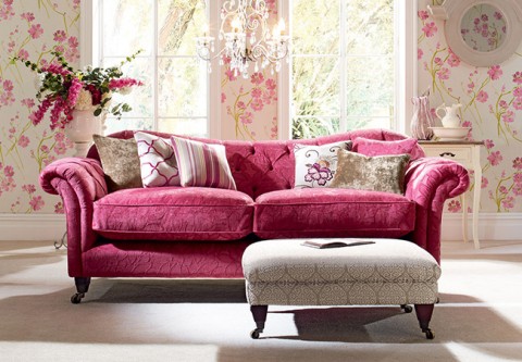 Pink sofa with flowers and floral wallpaper - From Plumbs.co.uk