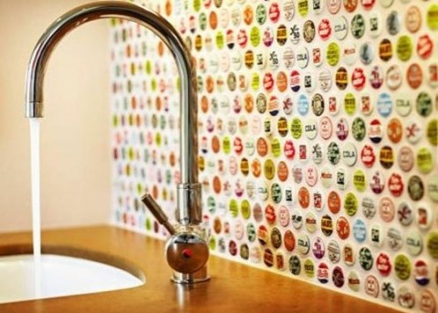 Bottle cap wall and sink in kitchen