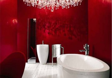 Modern White Bathroom Suit with Chandelier, Red Walls & Chair