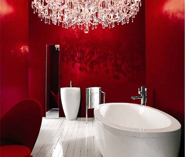 Modern White Bathroom Suit with Chandelier, Red Walls & Chair