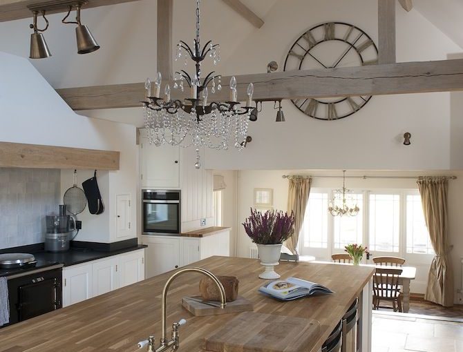 10 Ways To Light Your Kitchen To Achieve The Right Look & Ambience - Country Kitchen Diner With Chandelier Lighting