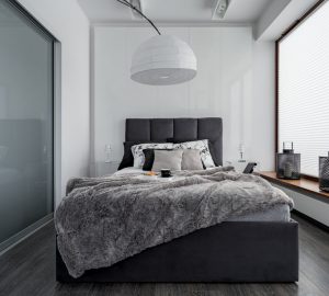 Gray and white bedroom with double bed, modern lamp and sliding door wardrobe