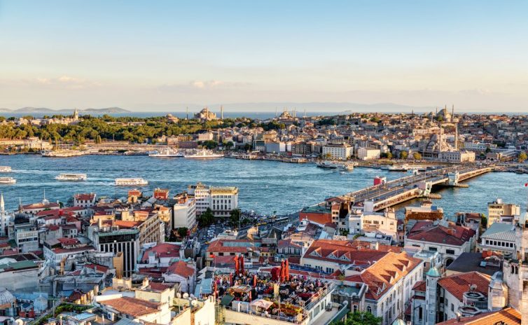 View of the Golden Horn and old areas of Istanbul at sunse