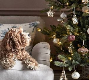 M&S Christmas tree and decorations with dog