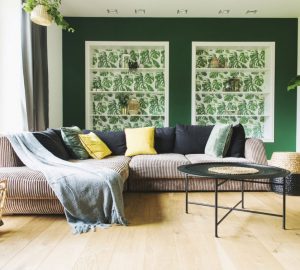 Living Room, Green Painted Walls. Plants Corner Sofa