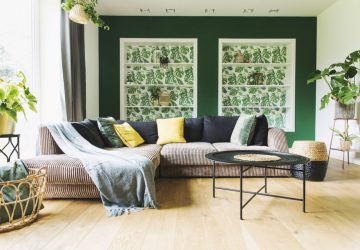 Living Room, Green Painted Walls. Plants Corner Sofa