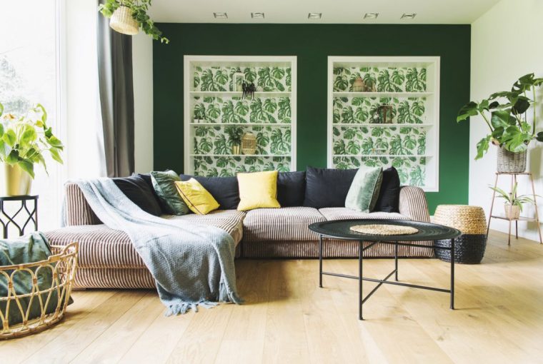Living Room, Green Painted Walls. Plants Corner Sofa