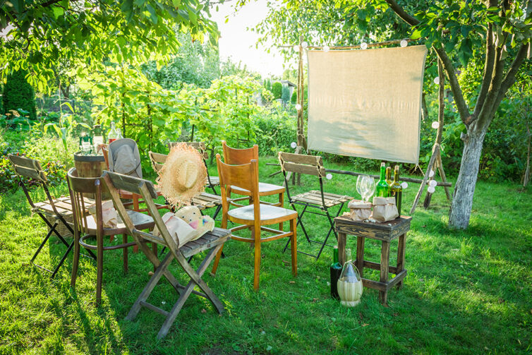 Open-air cinema with drinks and popcorn in the evening