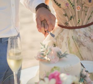 Wedding. Bride and groom cutting the cake