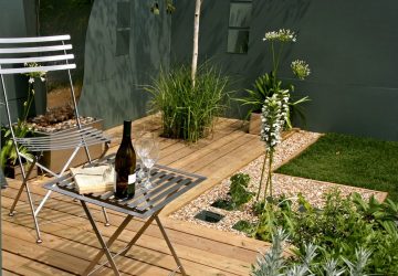 Small garden, grey walls, garden mirrors, Bistro table and chair