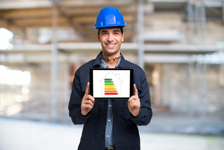 Man in hard hat holding tablet with EPC rating