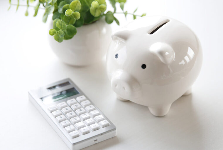 Piggy bank, calculator and plant in a white pot