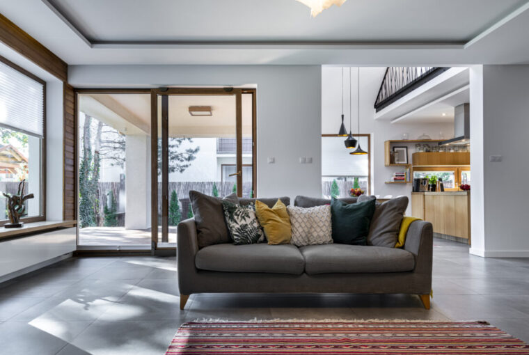 Modern interior design - livingroom with gray tile flooring