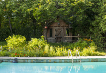 Garden with wooden shed, plus swimming pool.