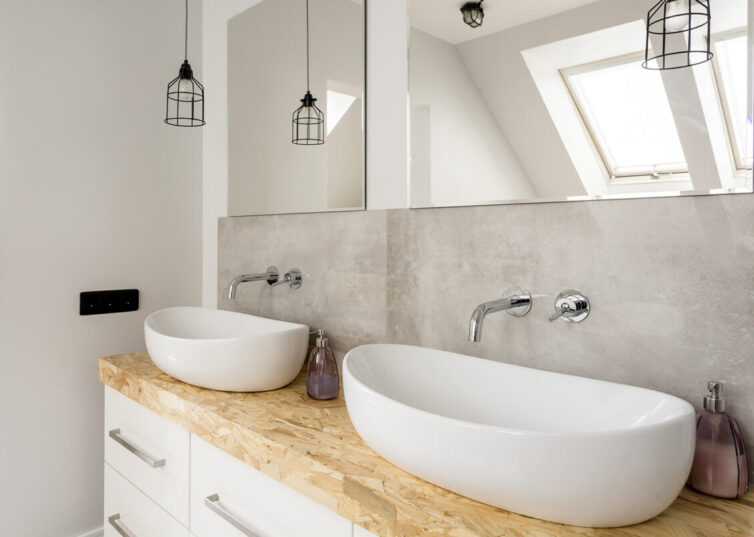 Bathroom with two sinks and mirrors