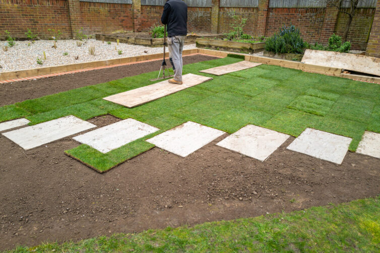 Garden renovation. Placcing new grass lawn