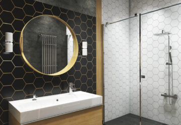 Modern bathroom. Hexagonal tiles, floating vanity, oblong sink and round bathroom mittor.