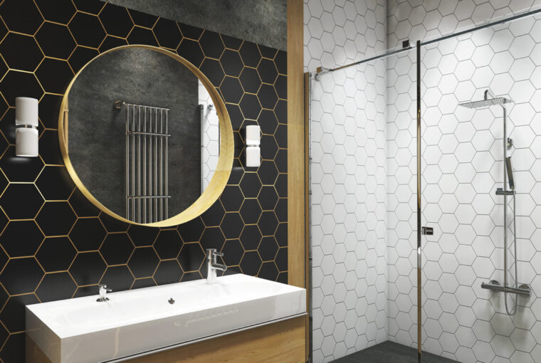Modern bathroom. Hexagonal tiles, floating vanity, oblong sink and round bathroom mittor.