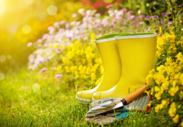 Yellow wellington boots in garden with garden tools