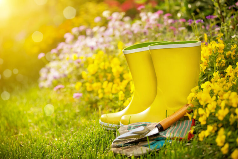 Yellow wellington boots in garden with garden tools