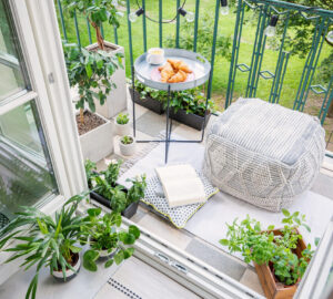 Balcony with cushion, plants and table