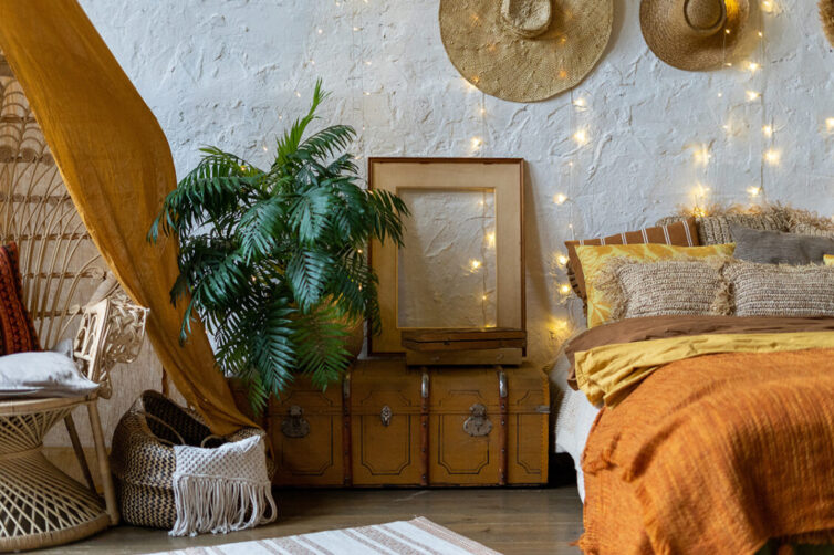 Boho style bedroom interior. Hippi, eclectic bedroom.