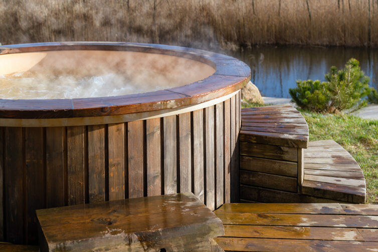 Wooden outdoors hot tub