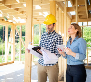 Man with hard hat and women walking around a building site. Wooden home