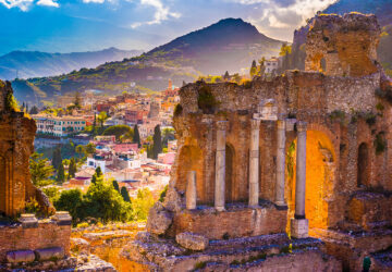 The Ruins of Taormina Theater at Sunset. Sicily.