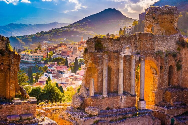 The Ruins of Taormina Theater at Sunset. Sicily.