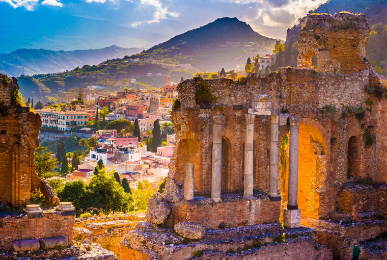 The Ruins of Taormina Theater at Sunset. Sicily.