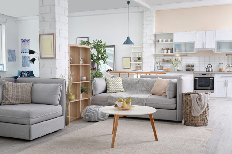 Stylish apartment interior with modern white kitchen and grey sofas