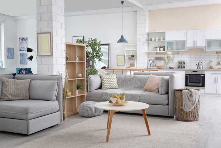 Stylish apartment interior with modern white kitchen and grey sofas