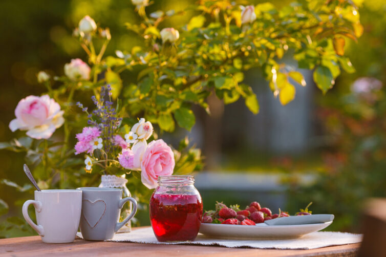 Morning tea in the garden. Roses on wooden table, sunny day.