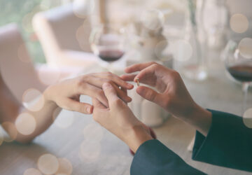 Man making marriage proposal to girlfriend at restaurant,