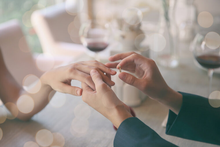 Man making marriage proposal to girlfriend at restaurant,