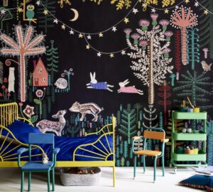 Annie Sloan Kids bedroom Chalk Paint mural by Lucy Tiffney in Athenian Black, Antibes and Barcelona.