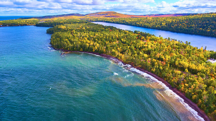 Lake Superior Coastline Rocks Waves Fall Forest Aerial